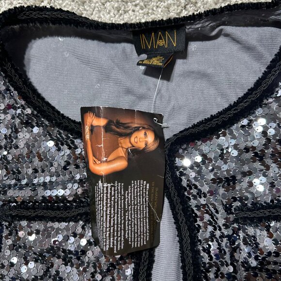 Iman Womens 1X Black & Silver Sequin Open Front Jacket 3/4 Sleeves Party Wear - Picture 4 of 9